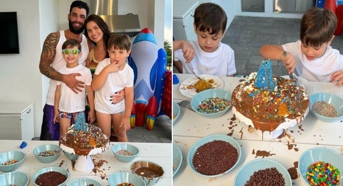 Sem luxos, filho de Gusttavo Lima e Andressa Suita comemora aniversário fazendo o próprio bolo